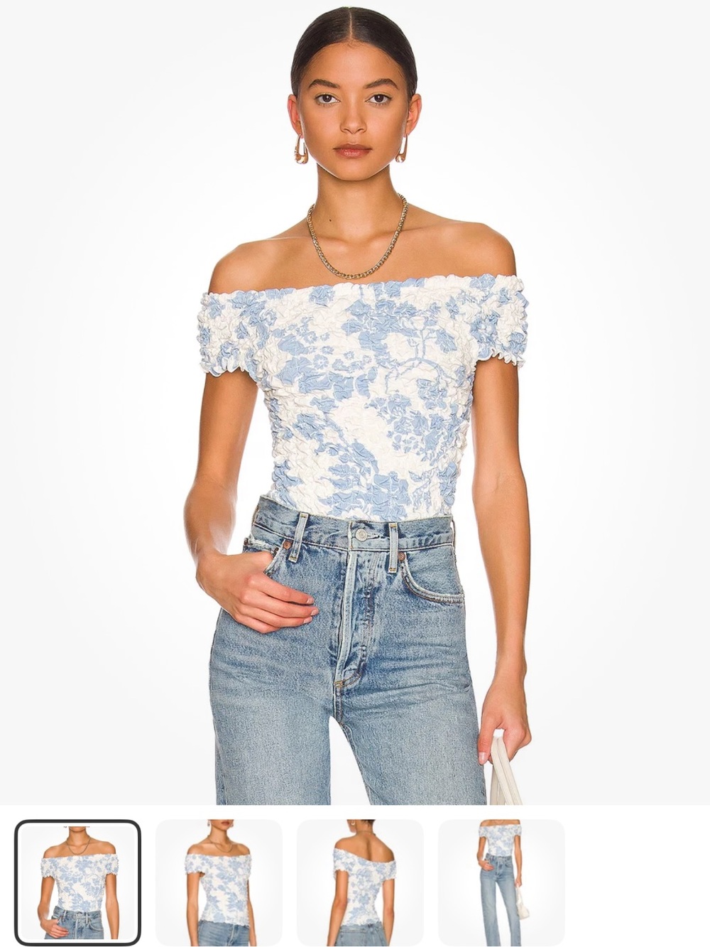 Free People Dominique Top in Ivory Combo Floral Off Shoulder Sz S Smocked Jersey